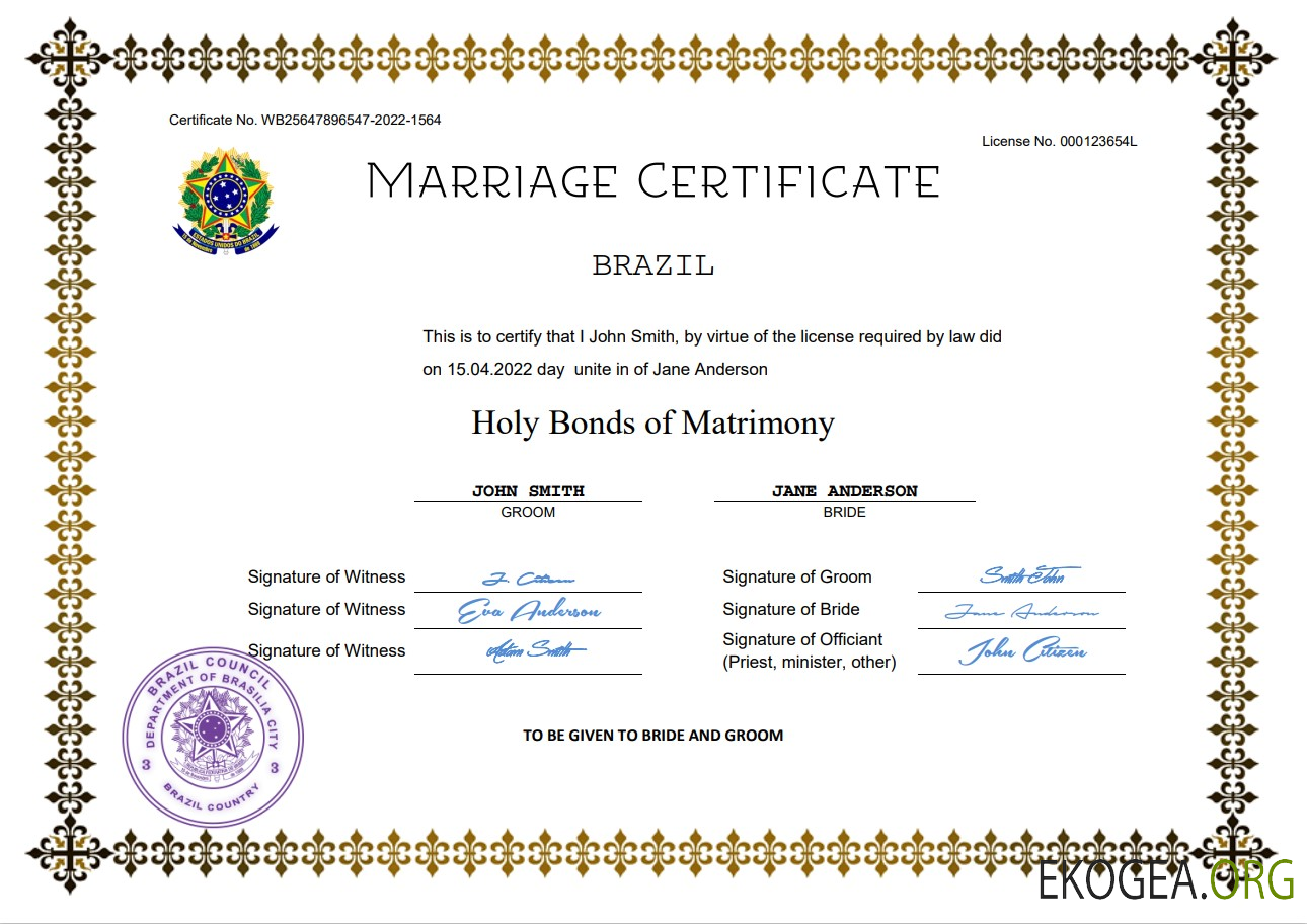 Modèle Word et PDF de certificat de mariage au Brésil
